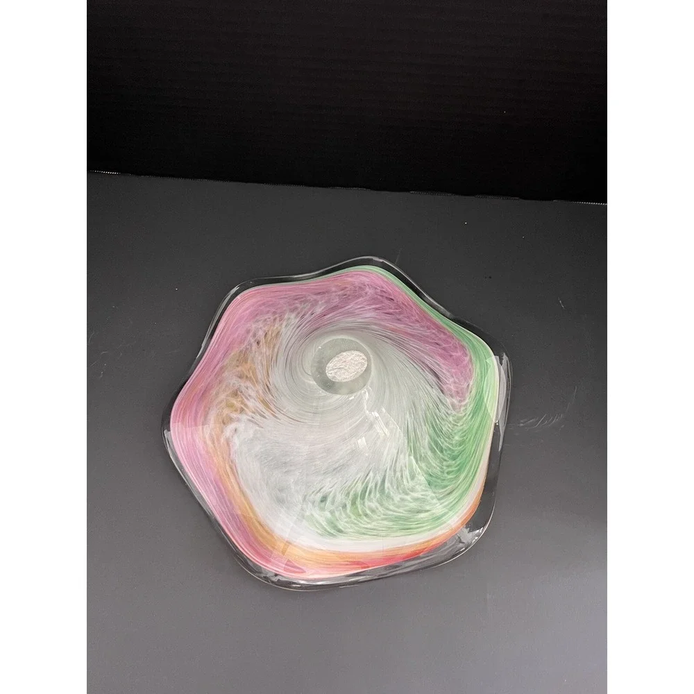 Vtg Mid-Century Murano‎ Style Pink Green Swirled Scalloped Glass Bowl